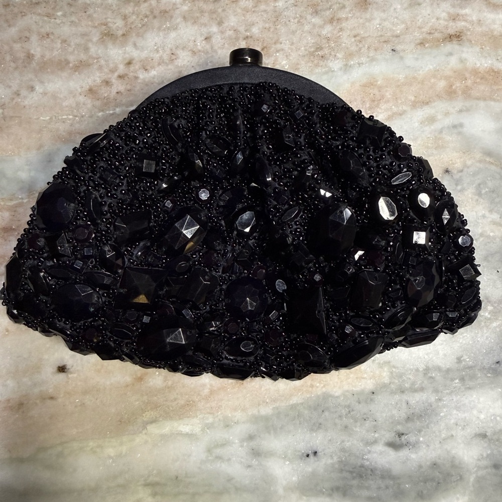SANTI Elegant Black Beaded Satin Clutch